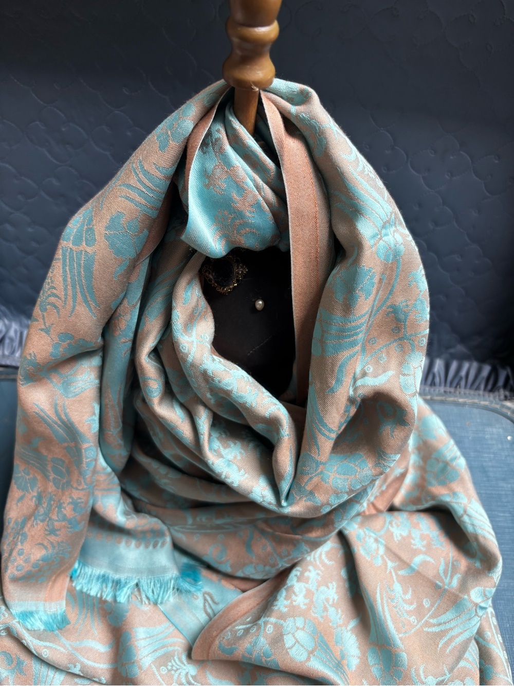 Luxury Floral Jacquard silk Scarf in Aqua and Taupe /Turkey